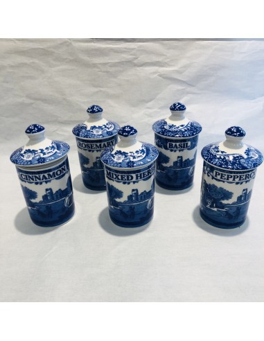 Set Di 2 Barattoli Per Spezie In Ceramica Blu Con Vassoio In Legno E Cucchiaio - 360 Ml